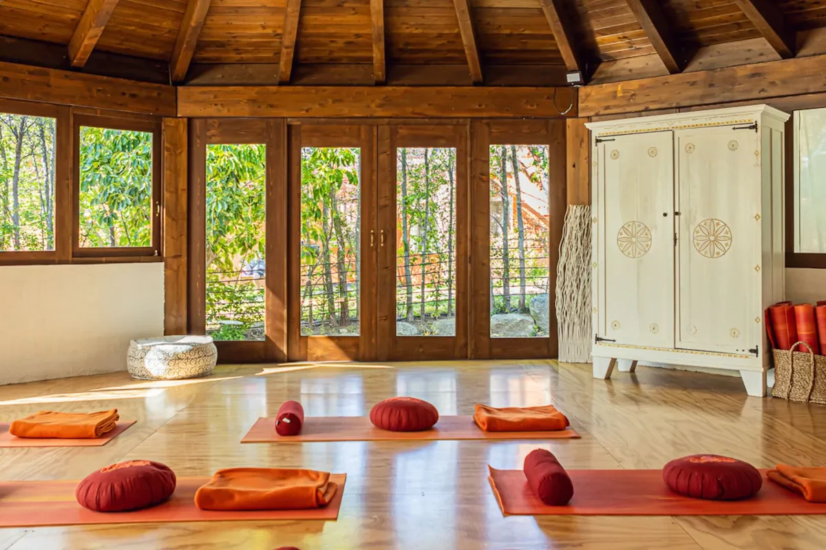 Warm wood yoga room at Galanias Hotel
